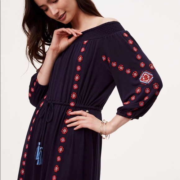 Loft Embroidered Blue Off the Shoulder Dress Sz-XS - Picture 2 of 8